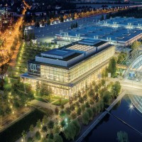 Congress Center Leipzig bei Nacht in der Vogelperspektive